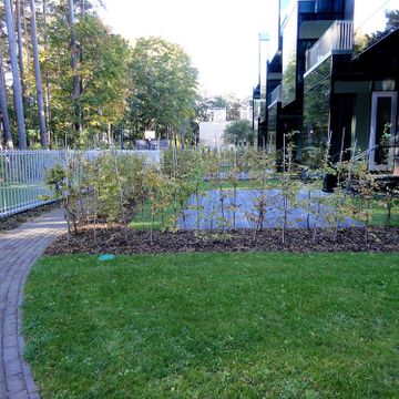 Celiņu izbūve ar klinkera bruģa segumu 280 m2, ielas un trotuāra bruģēšana 740 m2, jumta dārza ierīkošana 200 m2, sporta laukuma izveide ar gumijas segumu 75 m2, stādījumu ierīkošana 915 m2, zāliena ierīkošana 1400 m2, mazo arhitektūras formu uzstādīšana, kā arī āra koka terašu uzstādīšana 112 m2. 9